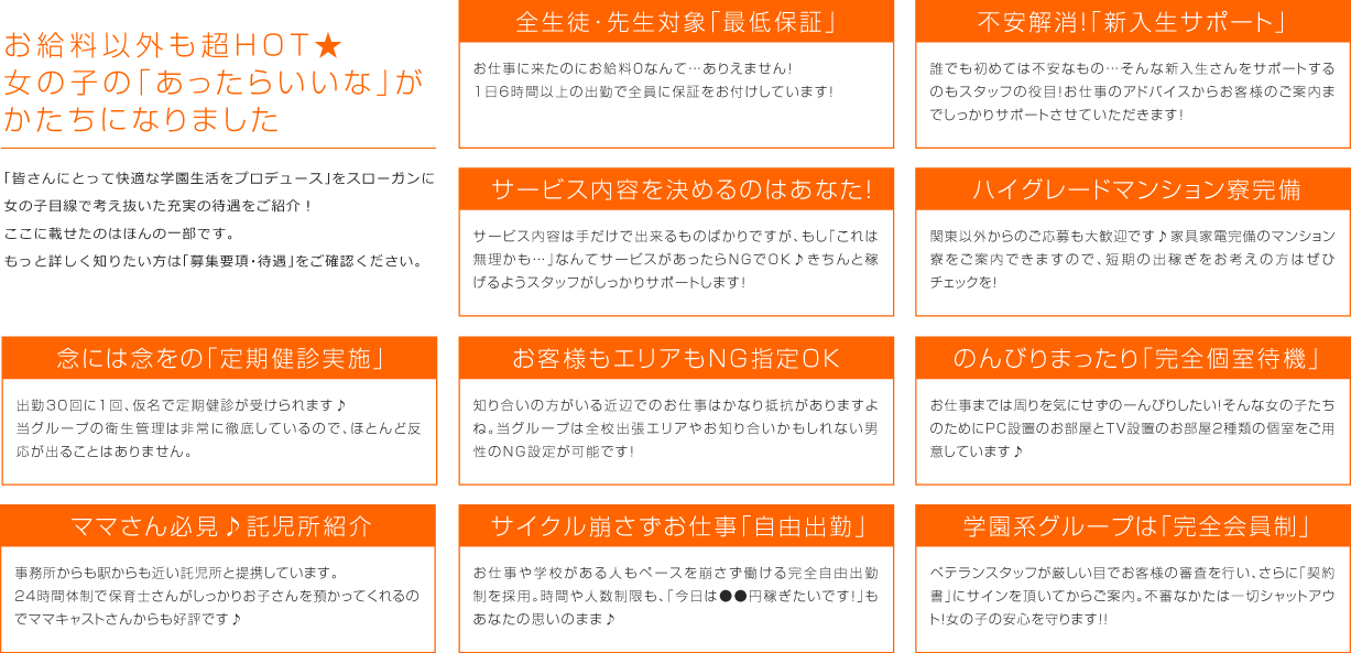最低保証ありでマンション寮完備。性病の心配無。その他完全個室待機でママでも安心の託児所紹介、シフトはいつでもOKの自由出勤です！